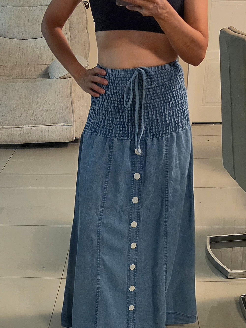 Smocked Waist Blue Button-Front Maxi Skirt - Dual Use